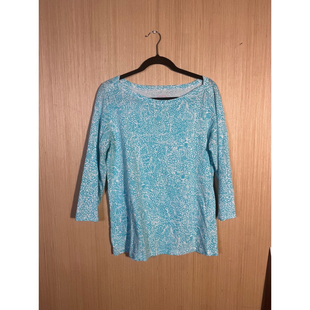 Lilly Pulitzer Andie Etta Scoop Neck Top XL Blue White Cocktail Drink 3/4 Sleeve